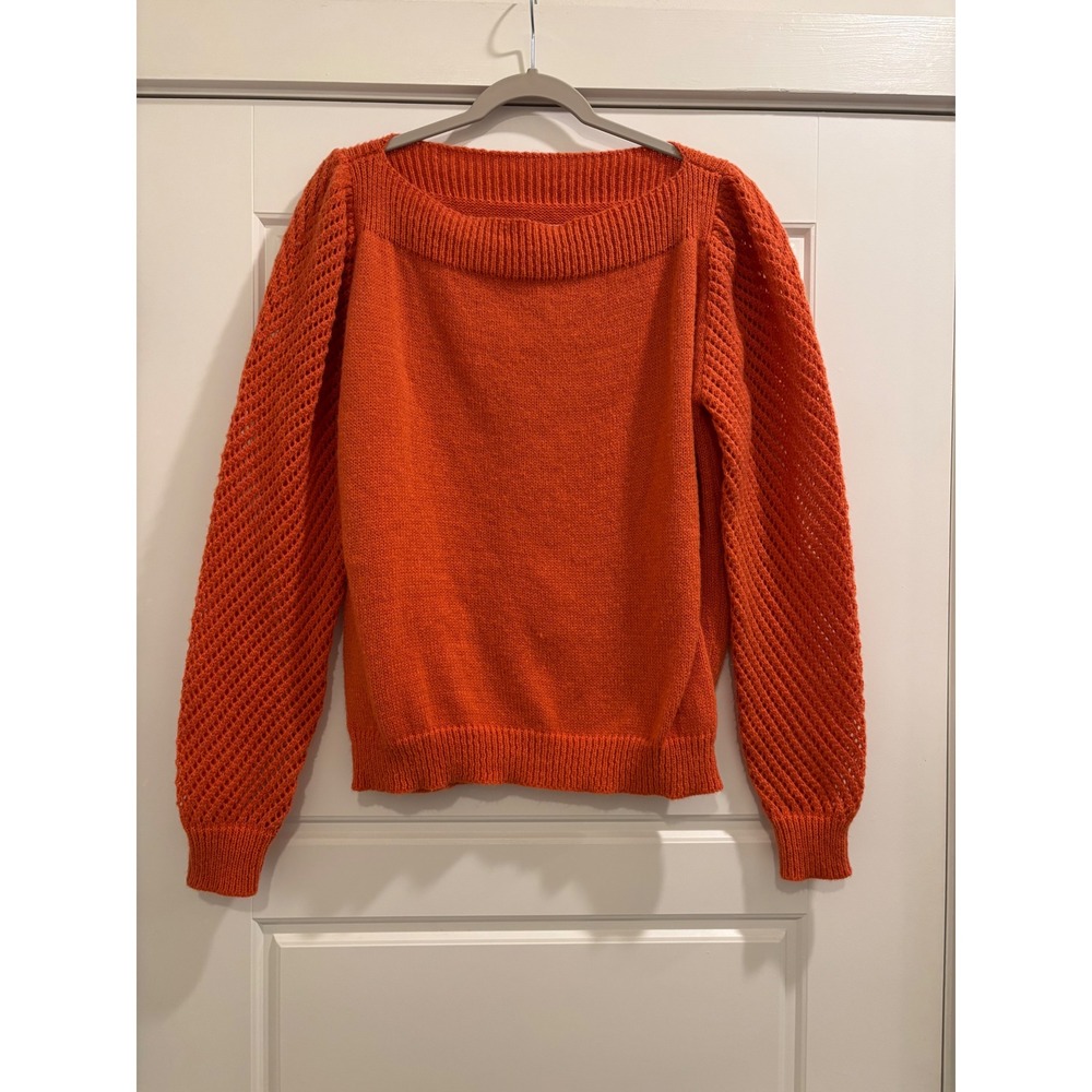 SHEIN Womens Orange Boat Neck Sweater Open Knit Crochet Long Sleeve Size L 8/10